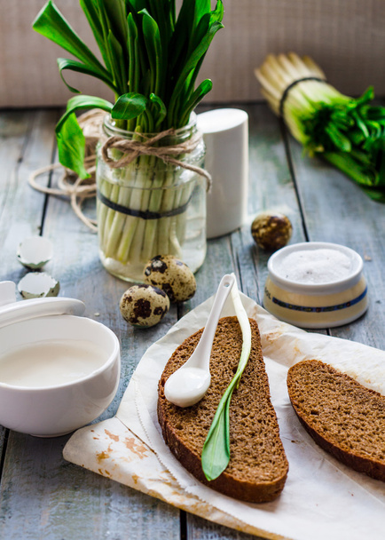 Ramson with rye bread and sour cream with salt, on a gray board, - Foto, Imagem