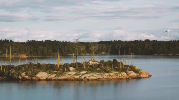 Stockholmské souostroví. Švédské souostroví příroda na slunečný den v létě. Zelené lesní stromy na pobřeží. Švédsko příroda. Les na ostrově ve Stockholmském souostroví, Baltské moře - Záběry, video