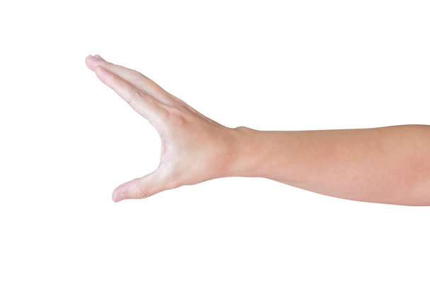man hand gebaar houden iets geïsoleerd op witte achtergrond - Foto, afbeelding