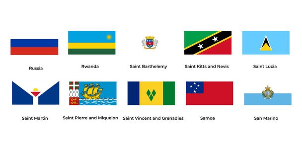 Oroszország, Ruanda, Saint-Barthelemy, Saint Lucia, Saint-Martin, Szamoa, San Marino nemzeti zászló  - Vektor, kép