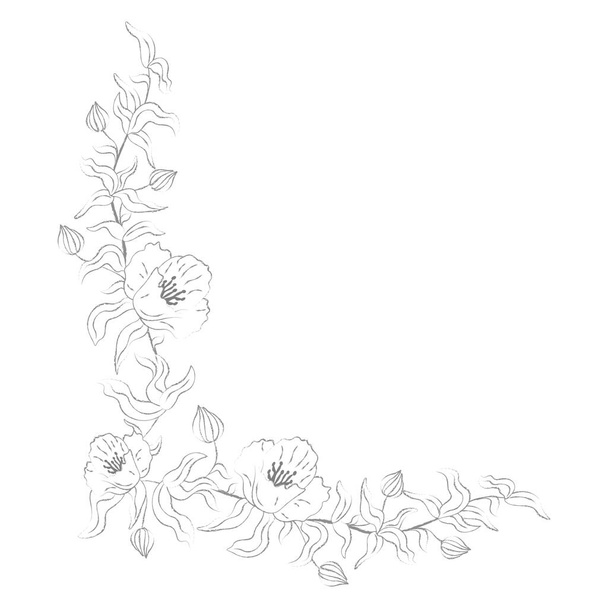 葉と花のラインベクトルの枝のコーナーデコレーション. ベクトルイラスト - ベクター画像