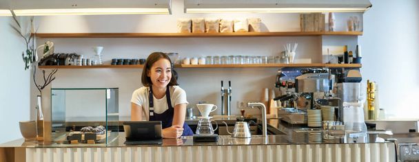 Souriant sympathique asiatique fille barista, portant tablier, travail au comptoir, brassage de café filtre, gestion de café boutique. - Photo, image