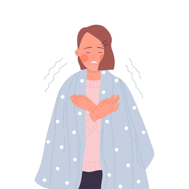 Τρεμάμενο κορίτσι με κουβέρτα. Νεαρή κυρία που πάσχουν από υποθερμία, αίσθημα κρύο θερμοκρασία εικονογράφηση φορέα κινουμένων σχεδίων - Διάνυσμα, εικόνα