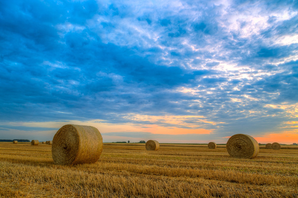 Sunset over farm field with hay bales - Photo, Image