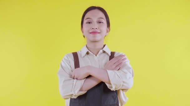 Portrét mladé asijské barista žena na zástěře stojící a úsměv na žlutém pozadí, servírka nebo podnikatel veselý, malý podnik nebo start-up, číšník kavárny nebo kavárny s jistotou. - Záběry, video