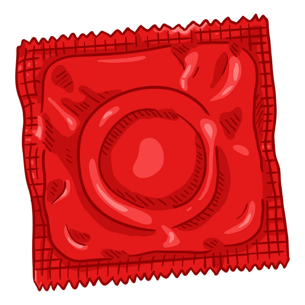 Vector único preservativo dos desenhos animados no pacote vermelho. Ilustração Contracetiva. - Vetor, Imagem
