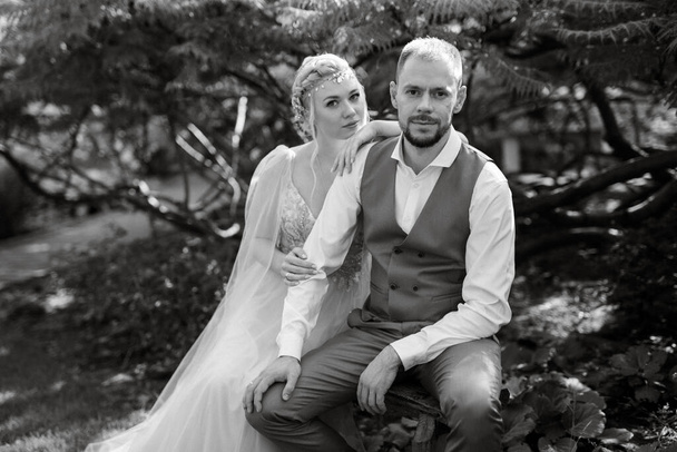 paseo de boda de la novia y el novio en un parque de coníferas en verano en accesorios elfos - Foto, Imagen