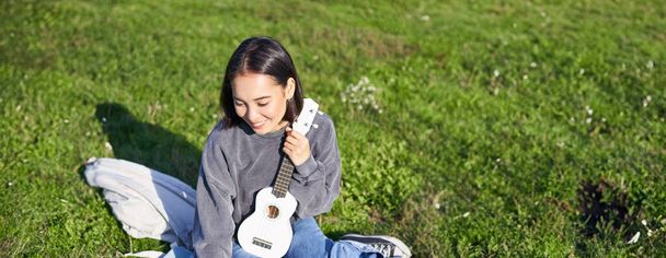 Hymyilevä aasialainen tyttö oppii pelaamaan ukulelea kannettavalla tietokoneella, videochatti musiikinopettajan kanssa, istuu instrumentin kanssa puistossa nurmella. - Valokuva, kuva
