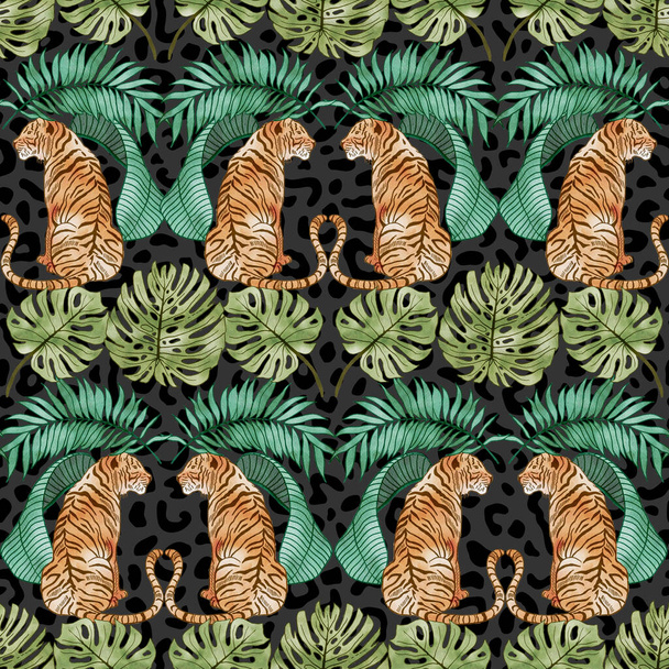 Tigris és levelek akvarell zökkenőmentes minta - Fotó, kép