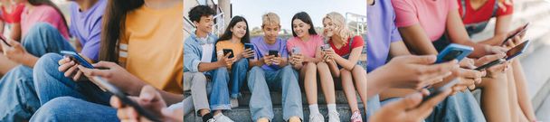 Collage d'adolescents souriants multiraciaux portant des vêtements décontractés tenant des téléphones mobiles regardant des vidéos, communiquant en ligne, jouant à un jeu mobile assis dans la rue. Technologie, concept de médias sociaux - Photo, image