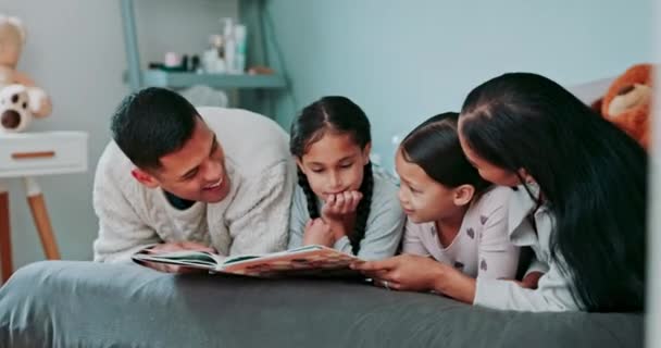 Parents, kids and books in bedroom, reading and literacy for learning, childhood development and family fun. Mom, dad and storytelling with happy girl children for quality time, love and care in home. - Footage, Video