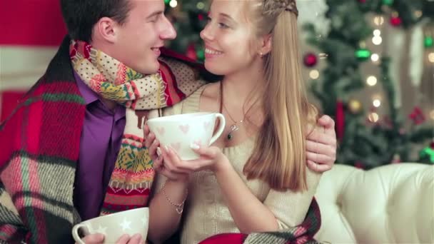 Liefdevolle paar gekleed in trui en sjaal houden van geschenken in een kamer met kerst ingericht. Jong paar in liefde man en mooi meisje dragen trui en sjaal thuis. - Video