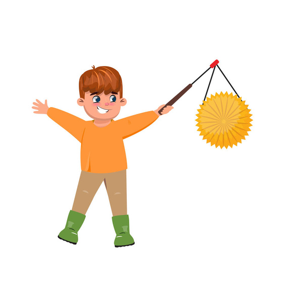 Ilustração vetorial plana de um menino bonito feliz segurando uma lanterna e celebrando o dia de São Martinho. Excursão Saint Martin  - Vetor, Imagem
