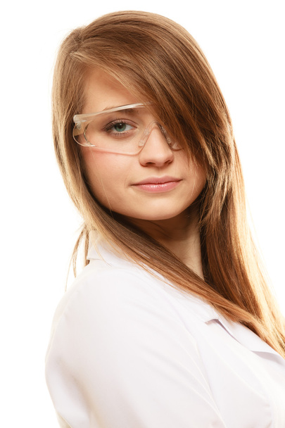 Chemist in goggles glasses posing - 写真・画像