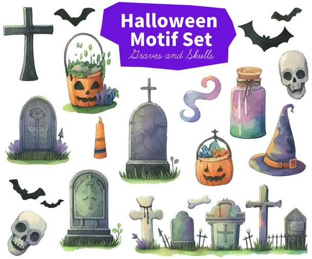 Conjunto de motivos de Halloween, ilustração aquarela de sepulturas e ossos - Vetor, Imagem