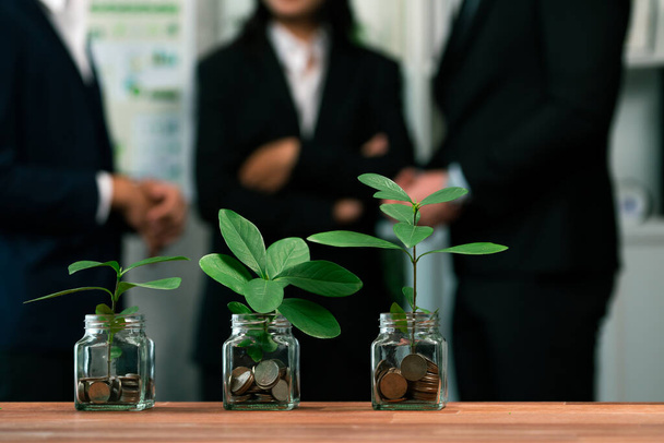 Koncepce investic do ekologického růstu peněz, kterou dokládají úspory peněz ve skleněné sklenici. Finanční investice zakořenily a rozvíjely bohatství v souladu s přírodou. Kouzelný - Fotografie, Obrázek