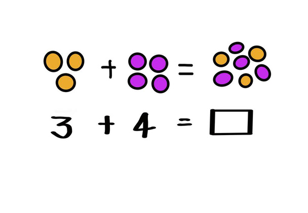 Numeri più con il disegno di pietre colorate per rappresentare i numeri per contare i numeri e trovare risposta. Concetto, ausili didattici matematici sull'aggiunta. Problemi di matematica facili per bambini della scuola materna. - Foto, immagini