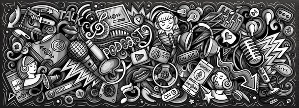 Cartoon raster Podcast doodle illustratie is voorzien van een verscheidenheid van Audio Content objecten en symbolen. Monochroom grillig grappig beeld. - Foto, afbeelding