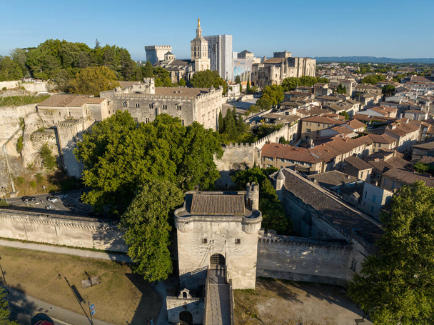 Vista aérea del Palacio de los Papas, una vez fortaleza y palacio, uno de los edificios góticos medievales más grandes e importantes de Europa en Aviñón, Francia. - Foto, Imagen