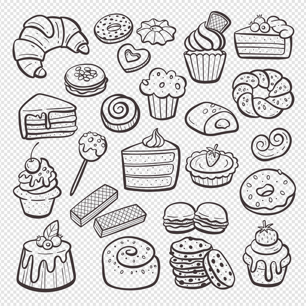 Dessertprodukte isoliert auf weißem Hintergrund. Cupcakes, Süßigkeiten, Eis und Gebäck. Handgezeichnete Illustration. Vereinzelte Kritzeleien. Vektorillustration. Set 2 von 2. - Vektor, Bild
