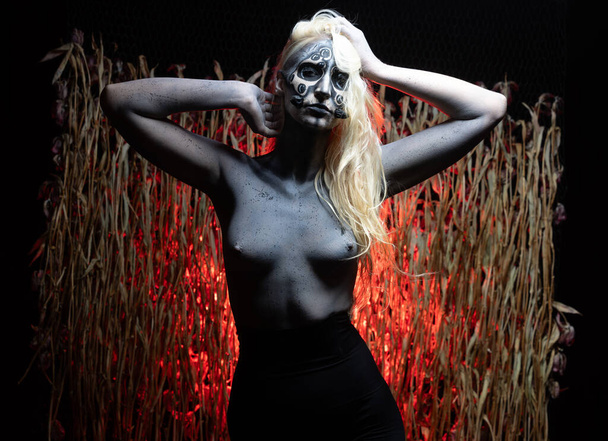 Sexy woman with Halloween makeup wearing sexy outfit on straw background in studio, sexy Halloween makeup. - Photo, Image
