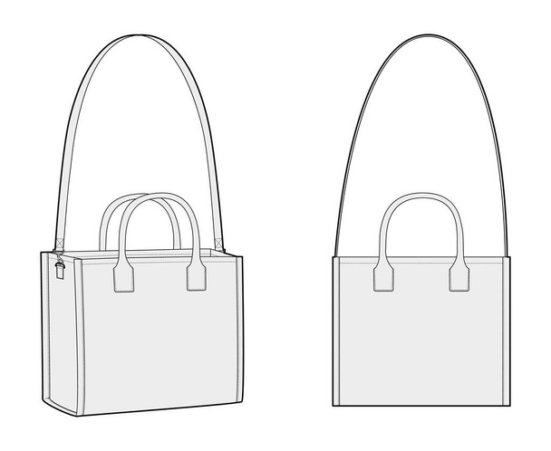 Tote Cross-Body Box Bag s možností odnímatelného popruhu. Módní doplněk technické ilustrace. Vektorová brašna vpředu 3-4 pohledy pro muže, ženy, unisex styl, plochá kabelka CAD náčrt - Vektor, obrázek