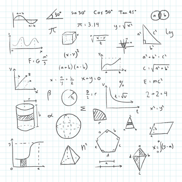 Nota de matemática desenhada à mão. Símbolos da matemática doodle notebook page background. Educação escolar sinal geometria fórmulas científicas e cálculos vetor ilustração - Vetor, Imagem