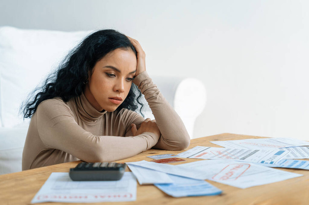 Stressed young woman has financial problems with credit card debt to pay crucial show concept of bad personal money and mortgage pay management crisis. - Photo, Image