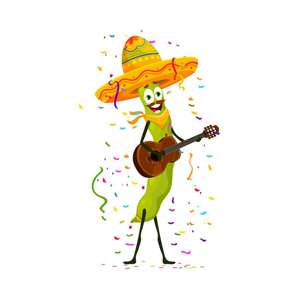 Мультяшний соєвий бобовий символ на святі та в день народження. Ізольований вектор живий зелений серпантин носить капелюх Маріачі, підбиває гітару, приносить музичну радість на святкування вечірки в латинському стилі - Вектор, зображення