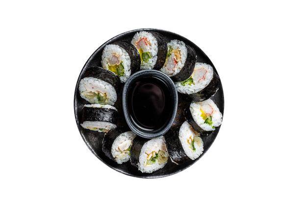 Korean rice roll Kimbap or gimbap made from steamed white rice. Isolated on white background - Photo, Image