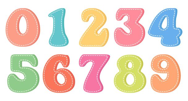 Set di numeri da 0 a 9 e simboli matematici in stile rétro groovy. Numeri di bambini. Elementi di design, stampa, vettore - Vettoriali, immagini