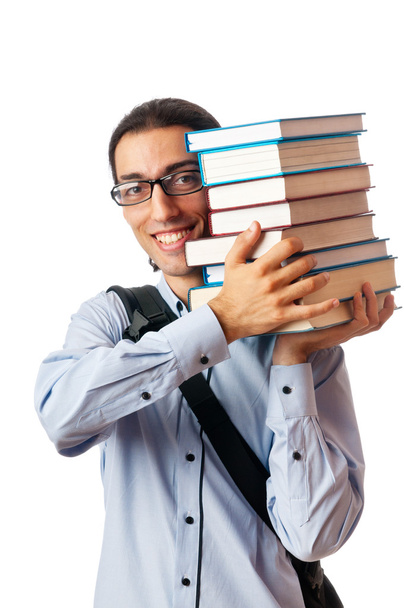 Studentin mit Bücherstapel auf weiß - Foto, Bild