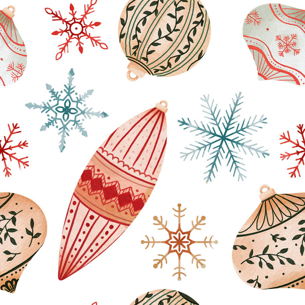 Χριστουγεννιάτικη μπάλα και νιφάδες χιονιού. Απρόσκοπτη μοτίβο για διακοπές για εκτύπωση, ύφασμα, ύφασμα. Ψηφιακή ακουαρέλα - Φωτογραφία, εικόνα