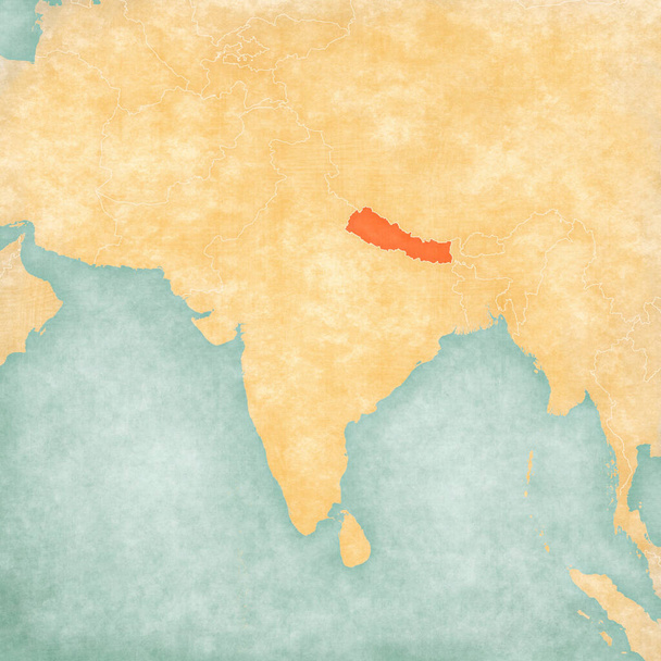 Nepal na mapie Azji Południowej w miękkim grunge i stylu vintage, jak stary papier z malarstwem akwarelowym. - Zdjęcie, obraz