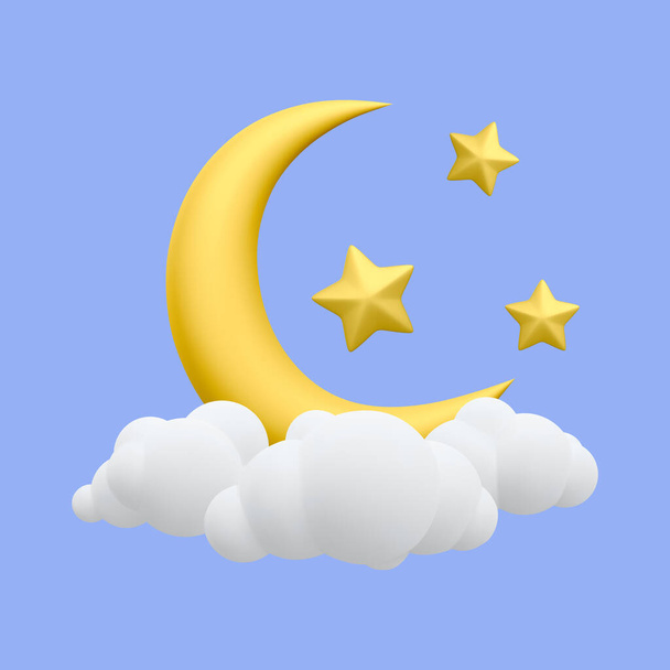 3d realista luna creciente amarilla con estrellas y nubes. Sueño, canción de cuna, fondo de diseño de sueños para pancarta, folleto, folleto, póster o sitio web. Ilustración vectorial. - Vector, imagen