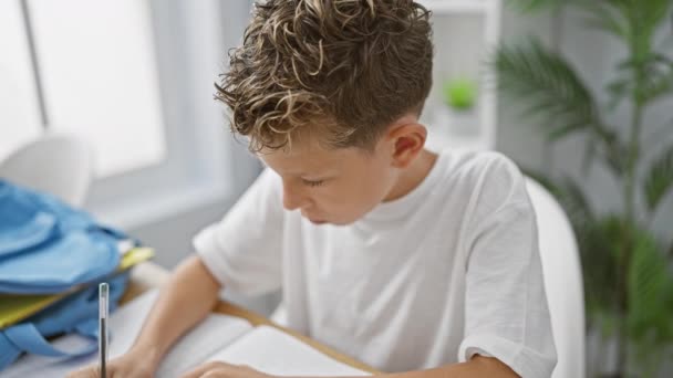 Suloinen blondi poika opiskelija keskittyy ja tekee muistiinpanoja hänen työpöytänsä luokkahuoneessa - Materiaali, video