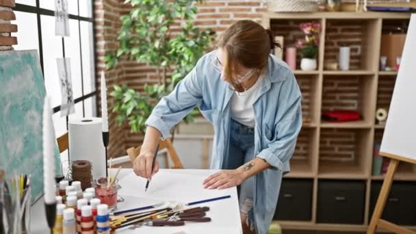 Sanat stüdyosunda duran genç kadın ressam kağıt üzerine resim çiziyor. - Video, Çekim