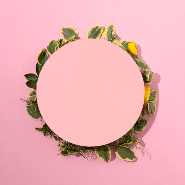 Каркас свіжого зеленого листя з весняними квітами на пастельно-рожевому фоні. Креативний простір для копіювання, плоский простір. - Фото, зображення