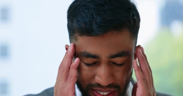 Burnout headache, massage face and man stress over crisis mistake, mental health risk or emergency. Brain fog, frustrated or closeup Indian person sad, anxiety or depressed with migraine pain problem. - Footage, Video