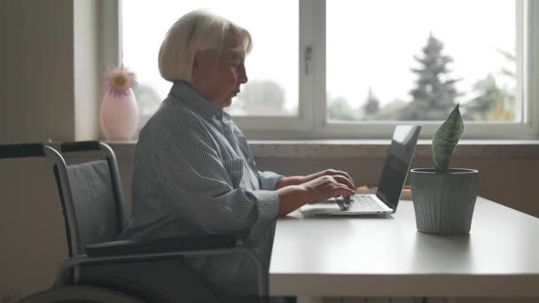 Femme d'affaires heureuse et confiante, en fauteuil roulant, travaillant au bureau et utilisant un ordinateur portable, elle sourit à la caméra, surmontant le concept de handicap. Des images FullHD de haute qualité - Séquence, vidéo