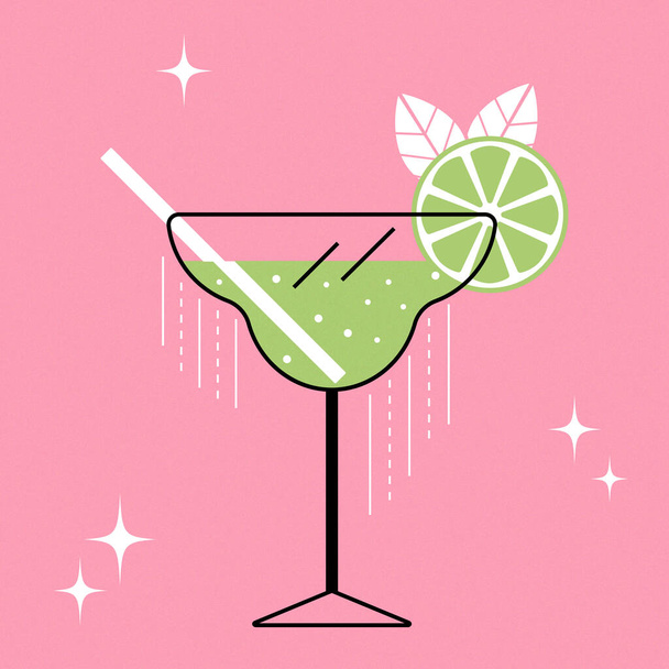 Glass with lime cocktail and lime with leaves. Vector illustration - Vector, Image