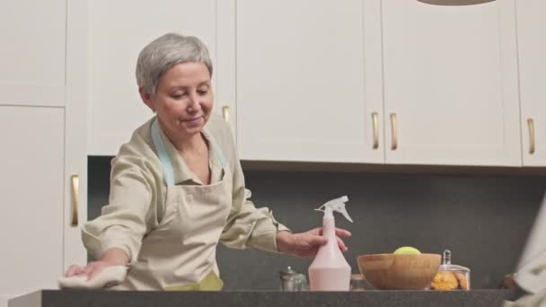 Medium shot of senior Asian woman cleaning kitchen table in bright studio apartment, using special cloth and spray bottle with cleaner - Footage, Video