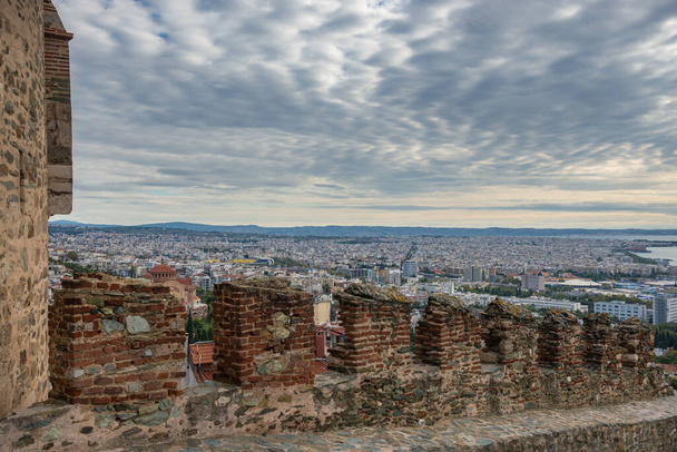 View from eastern part of Walls of Thessaloniki, remains of Byzantine walls surrounding city of Thessaloniki during the Middle Ages, Greece - Photo, Image