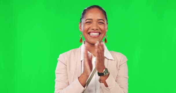 Business woman, celebrate and clap on green screen for success, winner and achievement. Female model person clapping hands or applause and pointing at you for celebration and praise or motivation. - Footage, Video