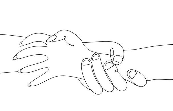 Die Hand eines Mannes drückt die einer Frau fest zusammen. Internationaler Tag zur Beseitigung der Gewalt gegen Frauen. Eine Linienzeichnung für verschiedene Zwecke. Vektorillustration. - Vektor, Bild