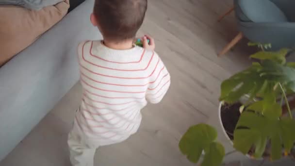 Handheld POV van Kaukasische kleine jongen loopt langs de woonkamer tijdens het spelen met mam thuis tijdens de vrije tijd - Video