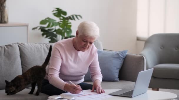 A nappaliban egy pozitív és vibráló idős nő lelkesen dolgozik a laptopon. Mosolygó arca tükrözi a tanulás örömét, és kapcsolatot tart fenn a digitális korban. - Felvétel, videó
