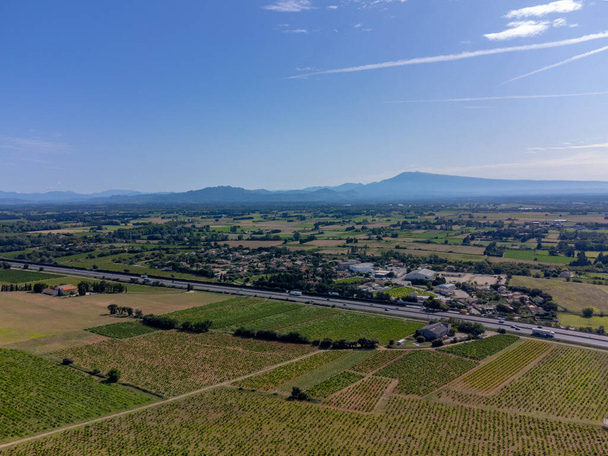 大きな丸い石のガレットルールで土壌で栽培ブドウとシャトーヌフデュパペプチュのワイン園,ベントゥ山,有名な赤ワイン,夏のフランスの景色 - 写真・画像