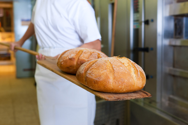 Baker ψήσιμο του ψωμιού που δείχνει το προϊόν - Φωτογραφία, εικόνα