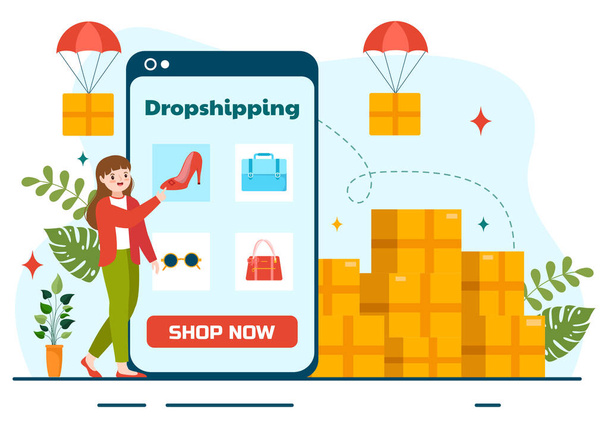 Dropshipping Business Vector Illustration mit Businessman Öffnen Sie E-Commerce Website Store und lassen Sie Lieferant Schiff Produkt in flachen Cartoon-Hintergrund - Vektor, Bild